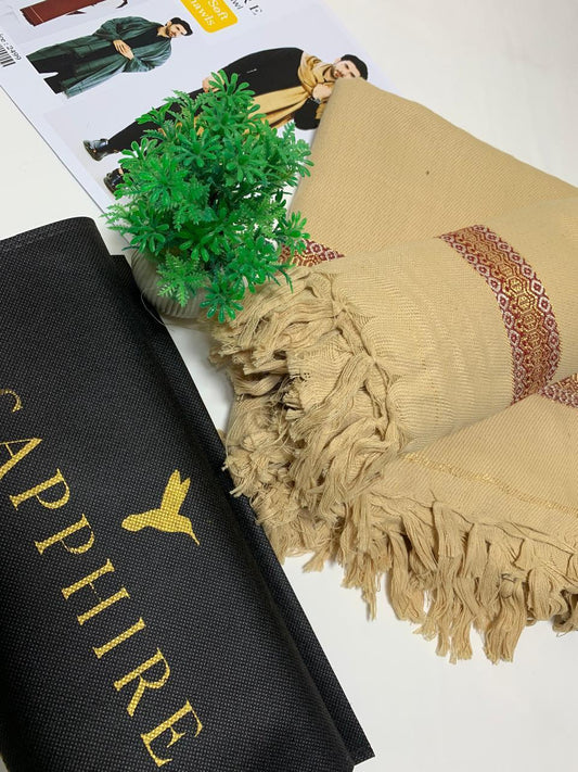 "Sapphire Men's Winter Shawl – Camel Wool Blend with Traditional Border and Tassels"